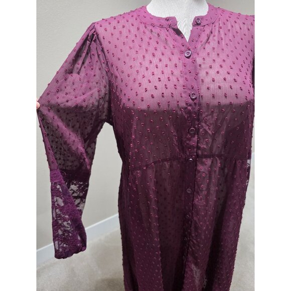 Sheer Plum Button-Front Textured Tunic Dress With Lace Sleeves Women's M/L - Picture 3 of 9